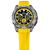 Montre chronographe pour homme avec bracelet en silicone jaune, lunette argentée et compteurs chrono