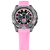 Montre chronographe pour homme de face avec bracelet rose et cadran multicolore.