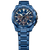 Montre chronographe pour homme avec cadran bleu, trois compteurs et bracelet en métal