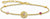 Armband mit goldfarbenen Gliedern, rundem Anhänger mit blauem Motiv und rosa Steinen