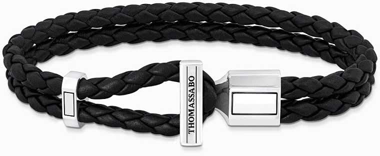 Doppelreihiges Lederarmband, geflochten schwarz, mit silberfarbenen Verschlüssen von Thomas Sabo