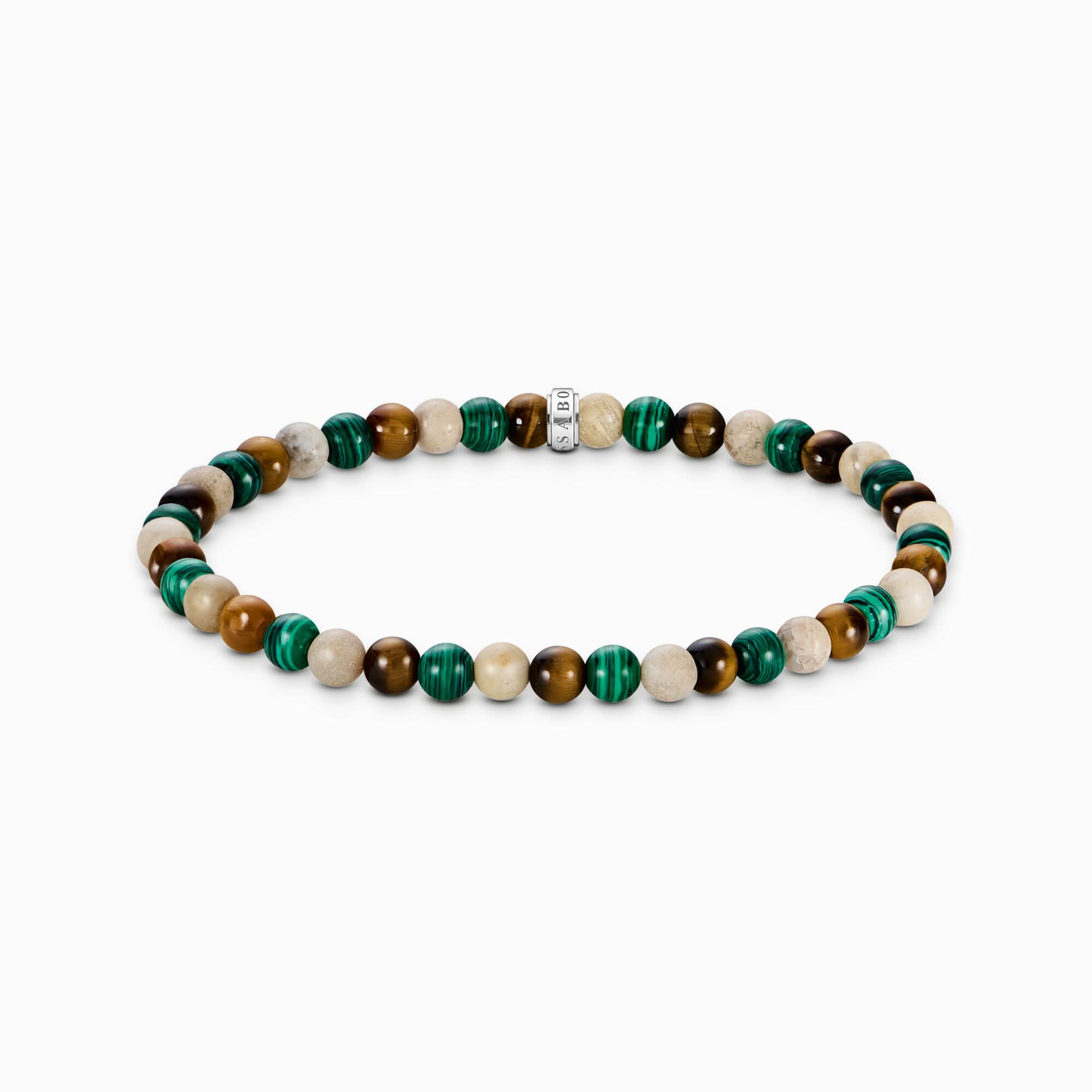 Bracelet en perles de pierres vertes et brunes avec élément d'espacement argenté