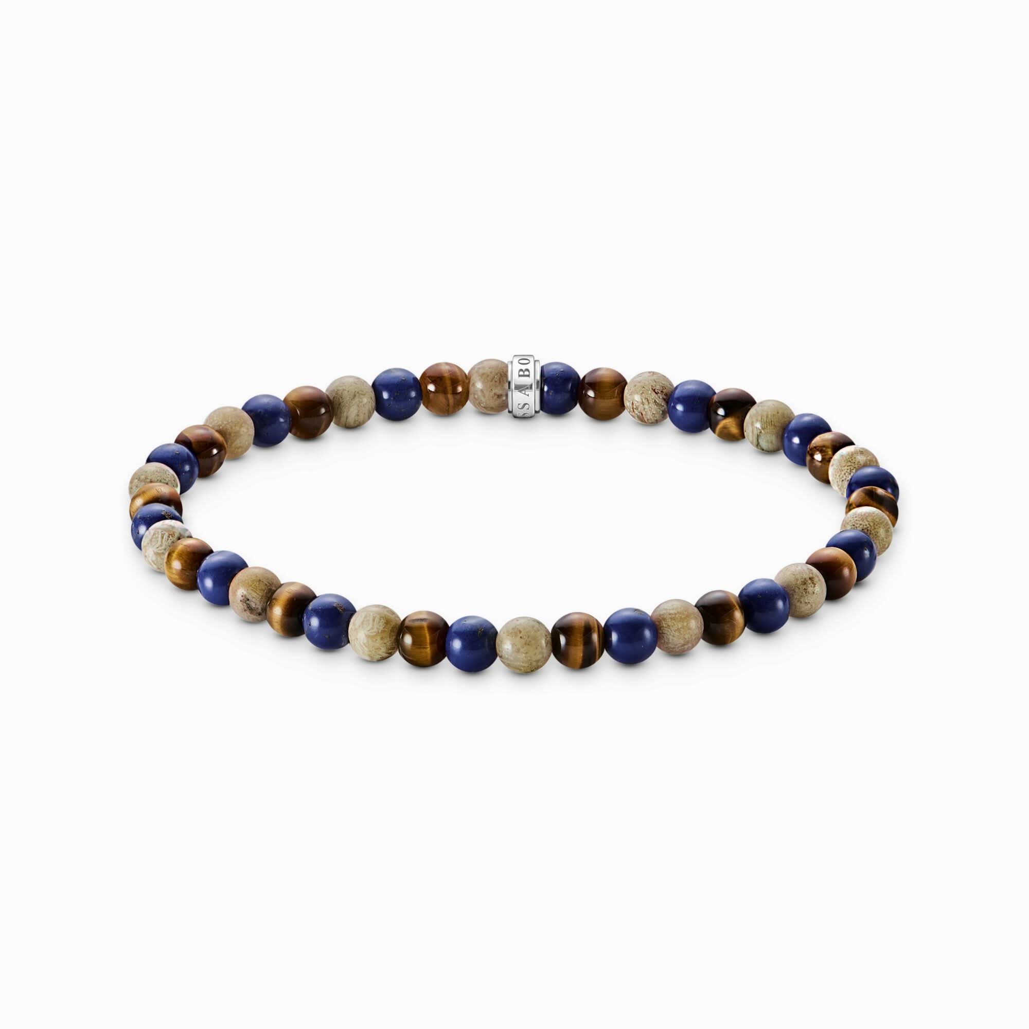 Bracelet en perles avec perles de pierre bleu foncé, marron et beige, rondes
