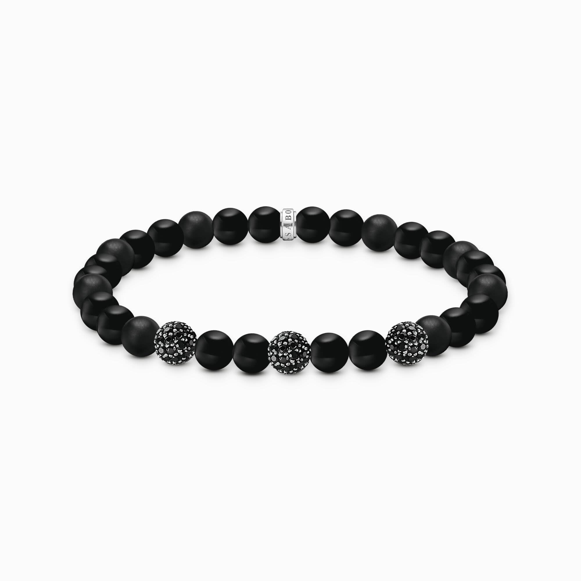 Bracelet en perles d'obsidienne avec accent noir scintillant et éléments ronds en zircone cubique