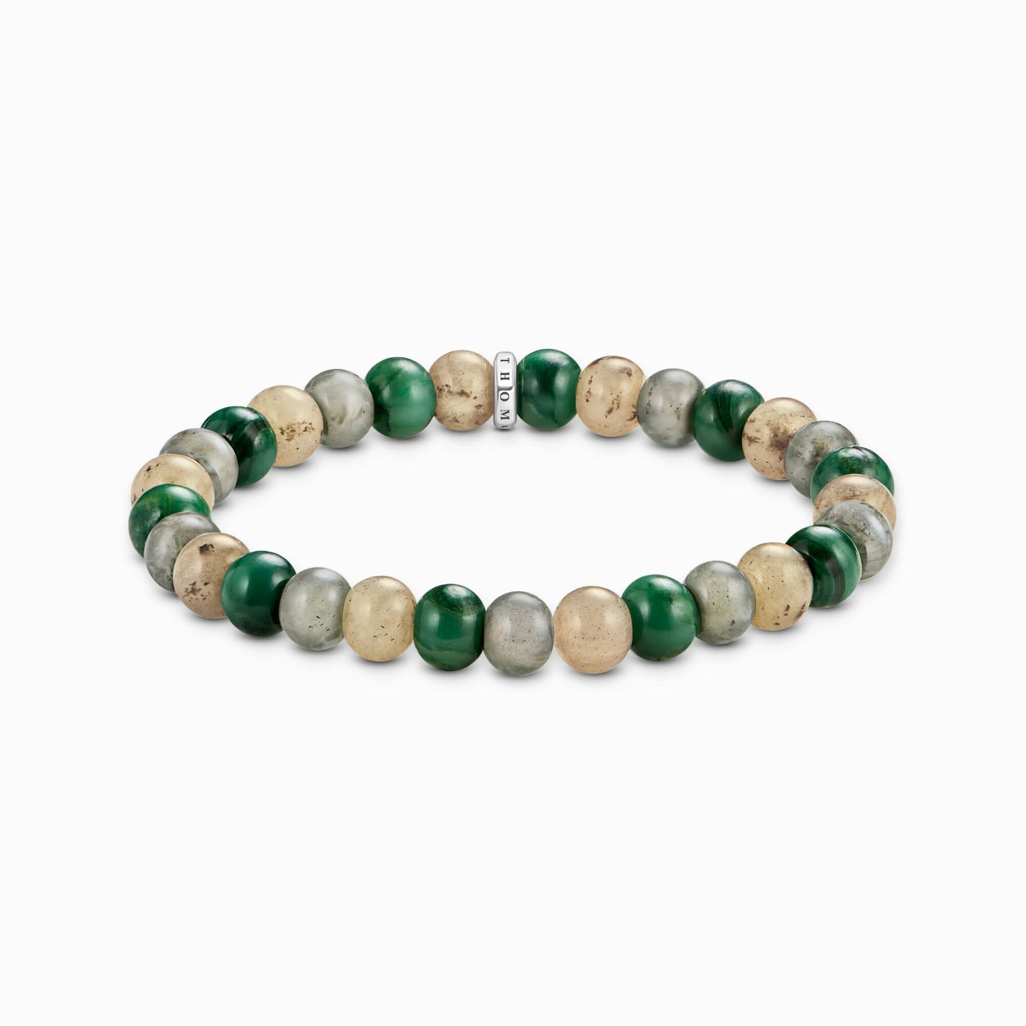 Bracelet en perles de pierre : perles rondes vert-beige avec intercalaire de couleur métal