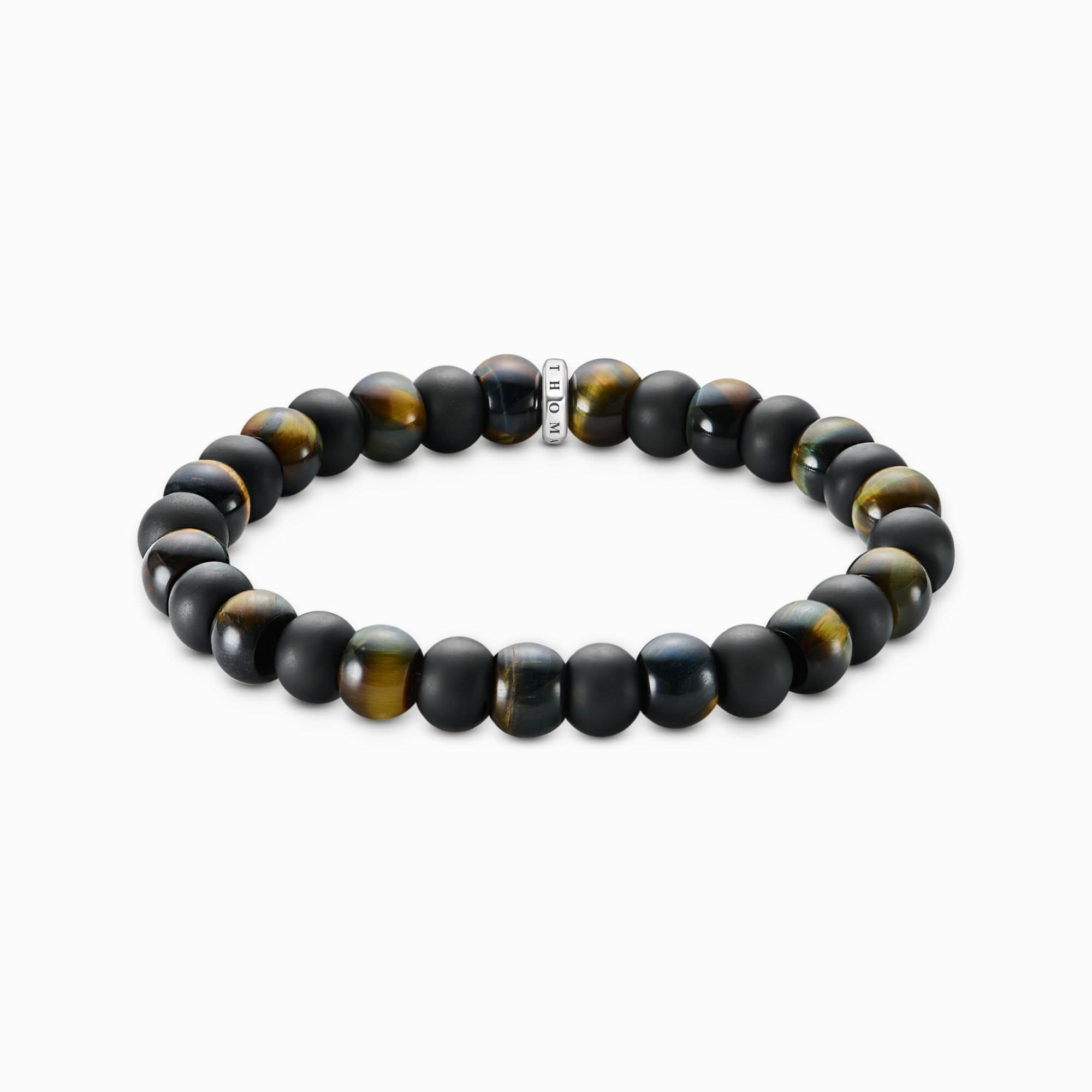 Bracelet en perles avec perles de pierre noire et accents d'œil de tigre, avec un fermoir en métal