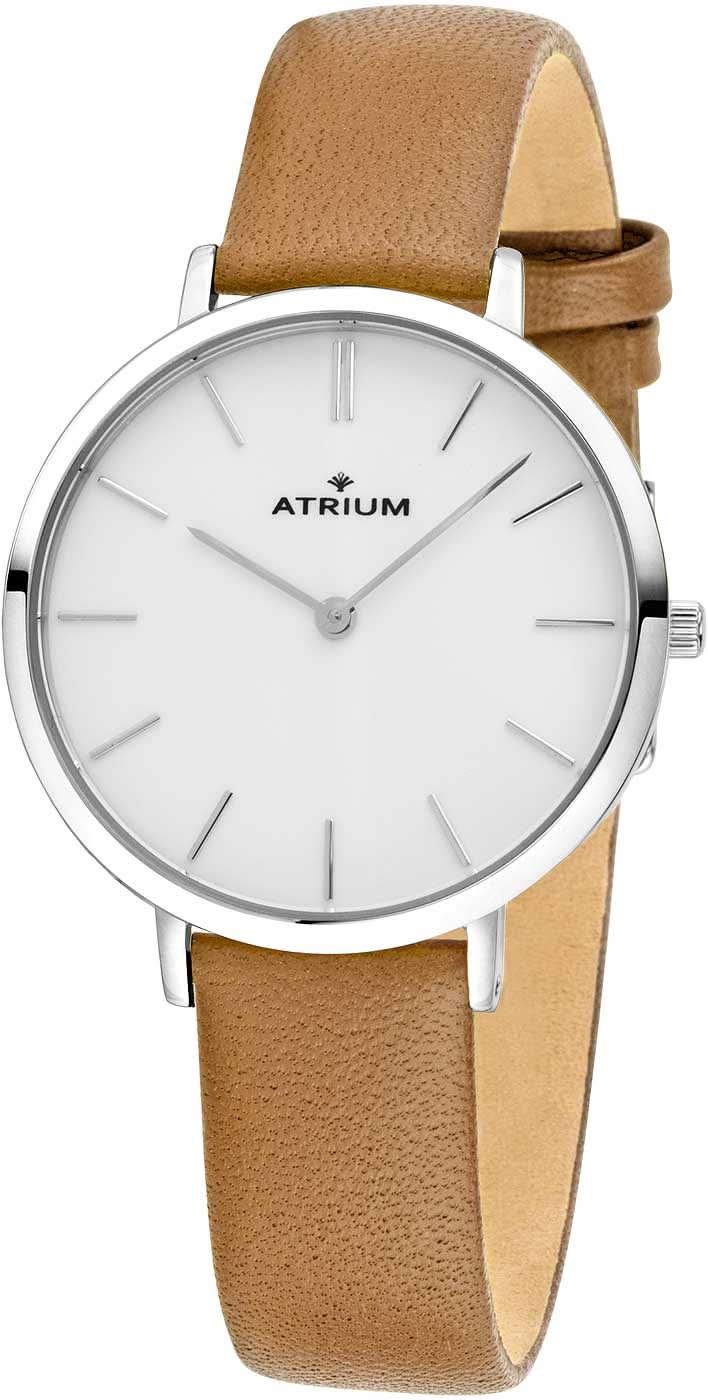 Montre pour femme Atrium avec boîtier métallique plat, cadran blanc et bracelet en cuir marron