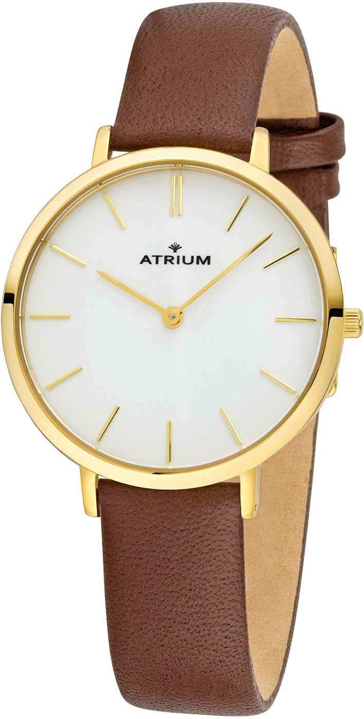 Damenuhr mit braunem Lederarmband, goldenem Gehäuse und weißem Zifferblatt, goldene Zeiger