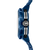 Boîtier de montre bleu de profil avec couronne et bracelet distinctif