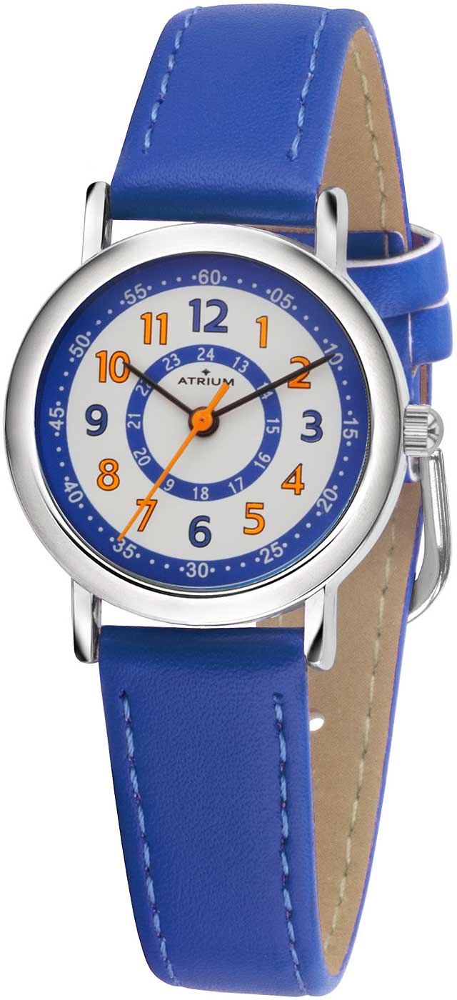 Montre éducative pour enfants Atrium avec bracelet en cuir bleu et cadran éducatif rond bleu