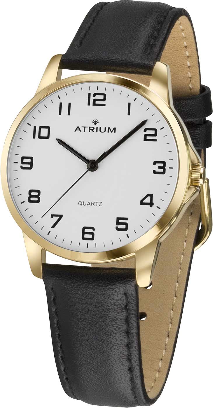 Herrenarmbanduhr mit schwarzem Lederarmband, goldfarbener Lünette und weißem Zifferblatt (ATRIUM)