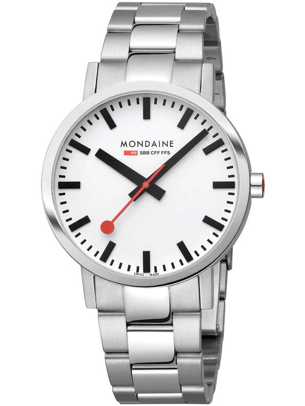 Silberne Herrenuhr mit weißem Zifferblatt, roten Zeigern und Metallarmband