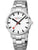 Silberne Herrenuhr mit weißem Zifferblatt, roten Zeigern und Metallarmband