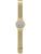 Herrenarmbanduhr im Profil: goldenes Maschenband, graues Zifferblatt mit roten Zeigern