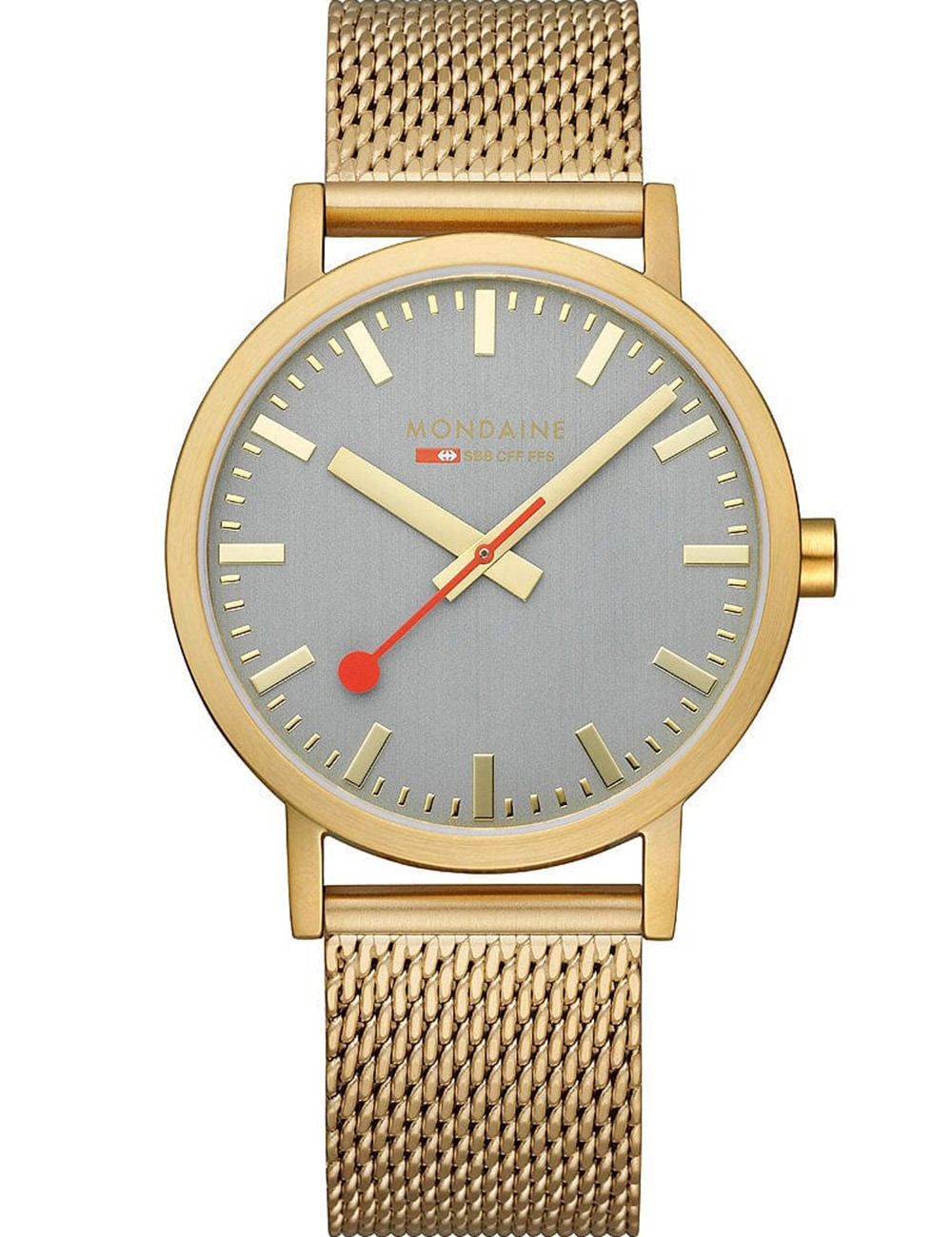 Herrenarmbanduhr: goldenes Maschenband, graues Zifferblatt, rote Sekundenmarke