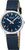 Montre unisexe avec cadran bleu, boîtier argenté et bracelet textile bleu foncé sur le côté.