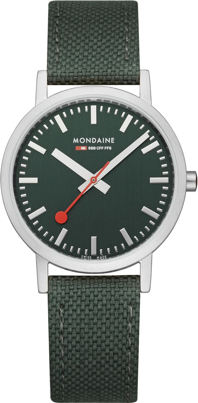 Bracelet unisexe avec cadran vert foncé, boîtier argenté et bracelet en textile vert.