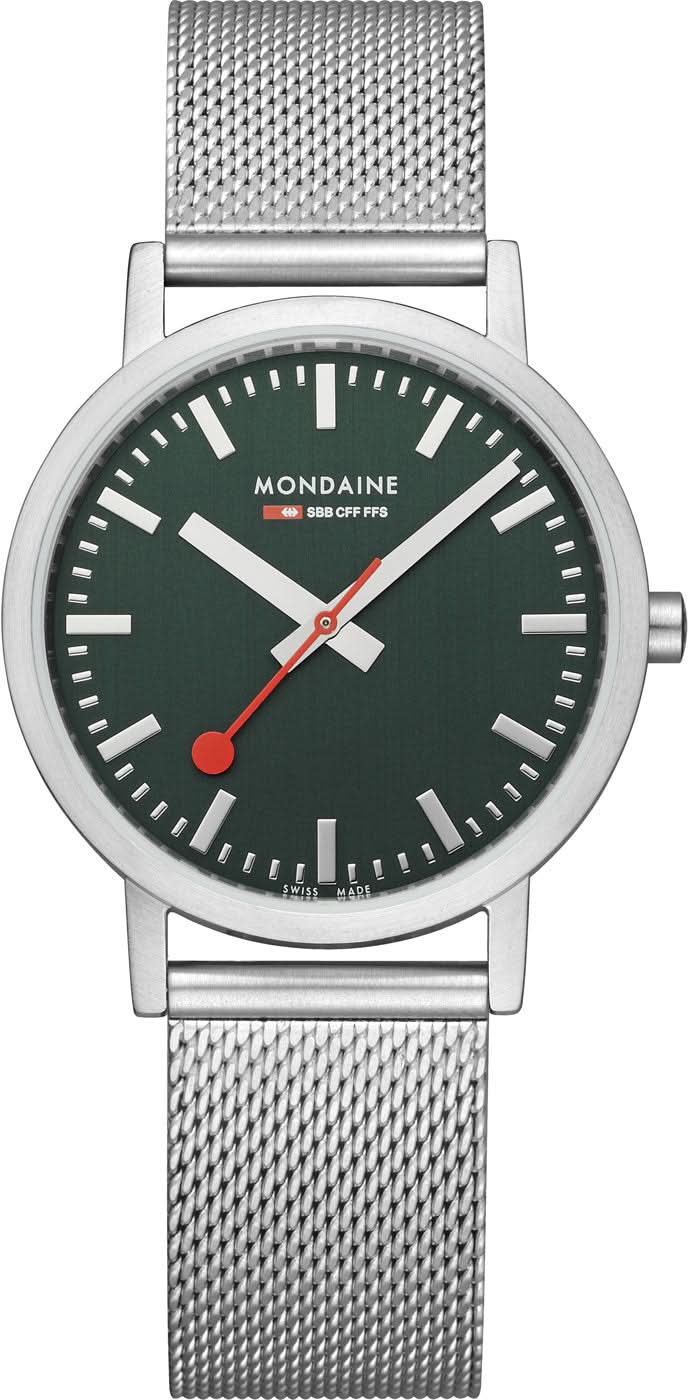 Montre unisexe Mondaine avec cadran vert forêt, bracelet en métal et boucle ardillon