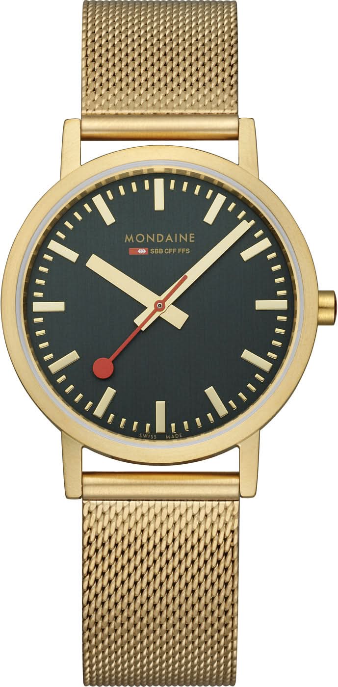 Bracelet de montre unisexe avec bracelet en maille dorée et cadran vert foncé