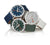 Montres unisexes avec bracelets bleus, verts et gris, cadrans ronds avec aiguilles