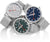 Trois montres pour hommes avec bracelet en maille argentée : cadran gris, bleu et vert foncé.