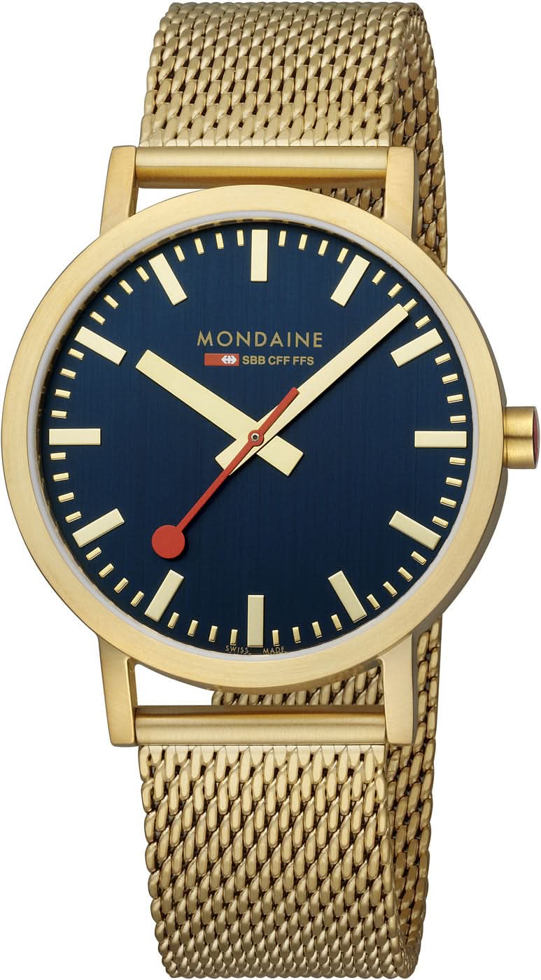 Montre unisexe : cadran bleu, aiguilles dorées et bracelet en maille dans un boîtier rond
