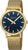 Montre unisexe : cadran bleu, aiguilles dorées et bracelet en maille dans un boîtier rond