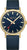 Montre Mondaine : cadran bleu, bracelet bleu foncé, lunette dorée