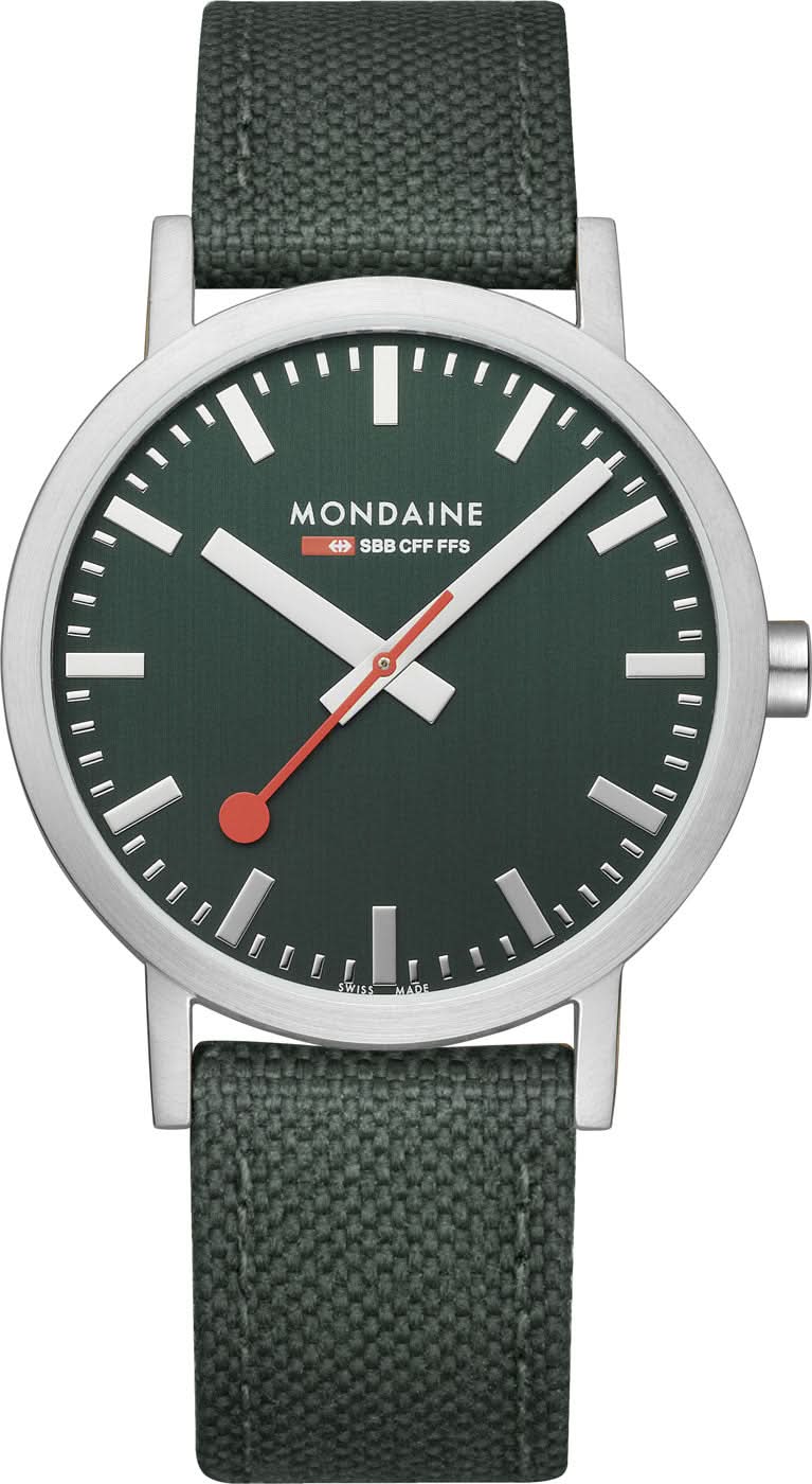 Montre avec bracelet textile vert, cadran vert foncé et boîtier argenté