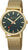 Montre homme avec bracelet en maille dorée, cadran vert foncé et aiguilles rouges