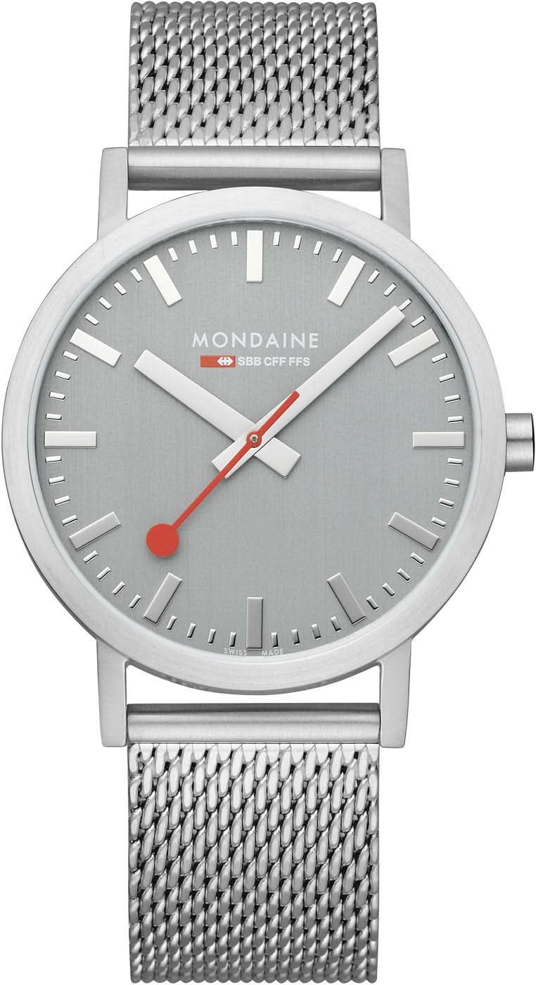 Montre Mondaine pour homme avec bracelet milanais argenté et cadran gris, aiguille des secondes rouge.