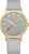 Montre unisexe : cadran gris clair, lunette dorée, bracelet en tissu gris.