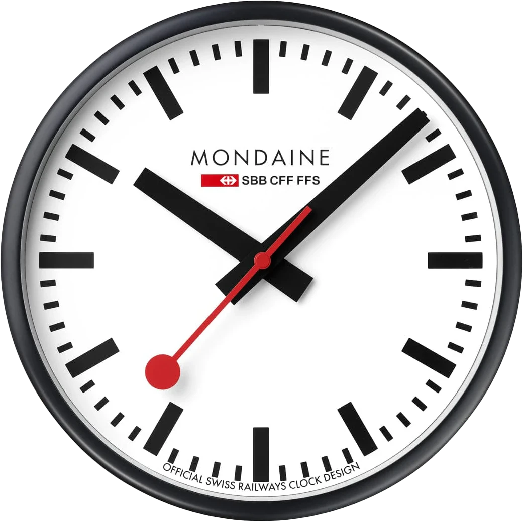 Horloge murale avec cadran blanc, aiguilles noires et trotteuse rouge, bordure noire