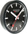 Schwarze Wanduhr mit Ziffernblatt-Ring, weißen Strichindexen und roten Zeigern