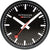 Schwarze Wanduhr mit weißen Indexen, roten Zeigern und Mondaine-Logo auf Zifferblatt