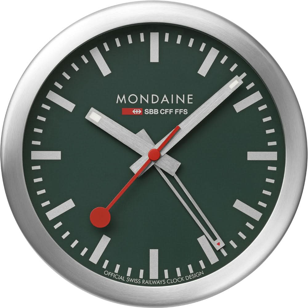 Mondaine Magnetuhr mit grünem Zifferblatt, silbernem Gehäuse und roten Zeigern.