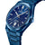 Herrenuhr mit blauem Zifferblatt, weißen Markierungen, Datumsanzeige und Saphir-Text