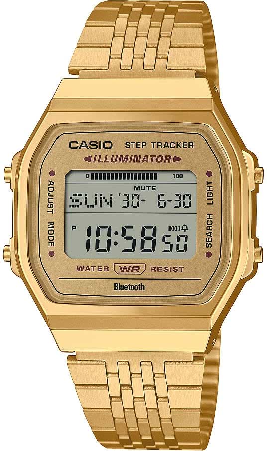 Montre Casio pour homme avec podomètre doré, affichage numérique et bracelet en métal
