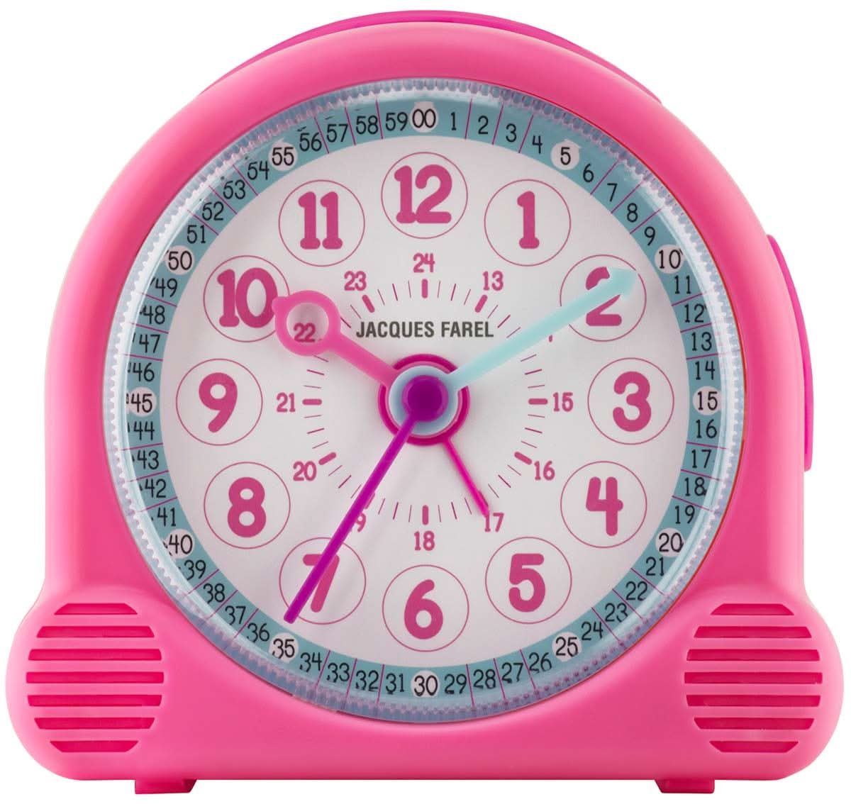 Réveil enfant avec boîtier rose, cadran analogique et aiguille des minutes, Jacques Farel