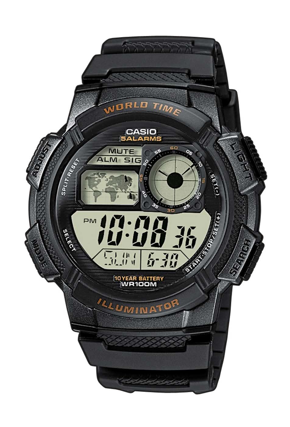 Montre solaire noire pour homme avec affichage numérique, heure universelle et éclairage