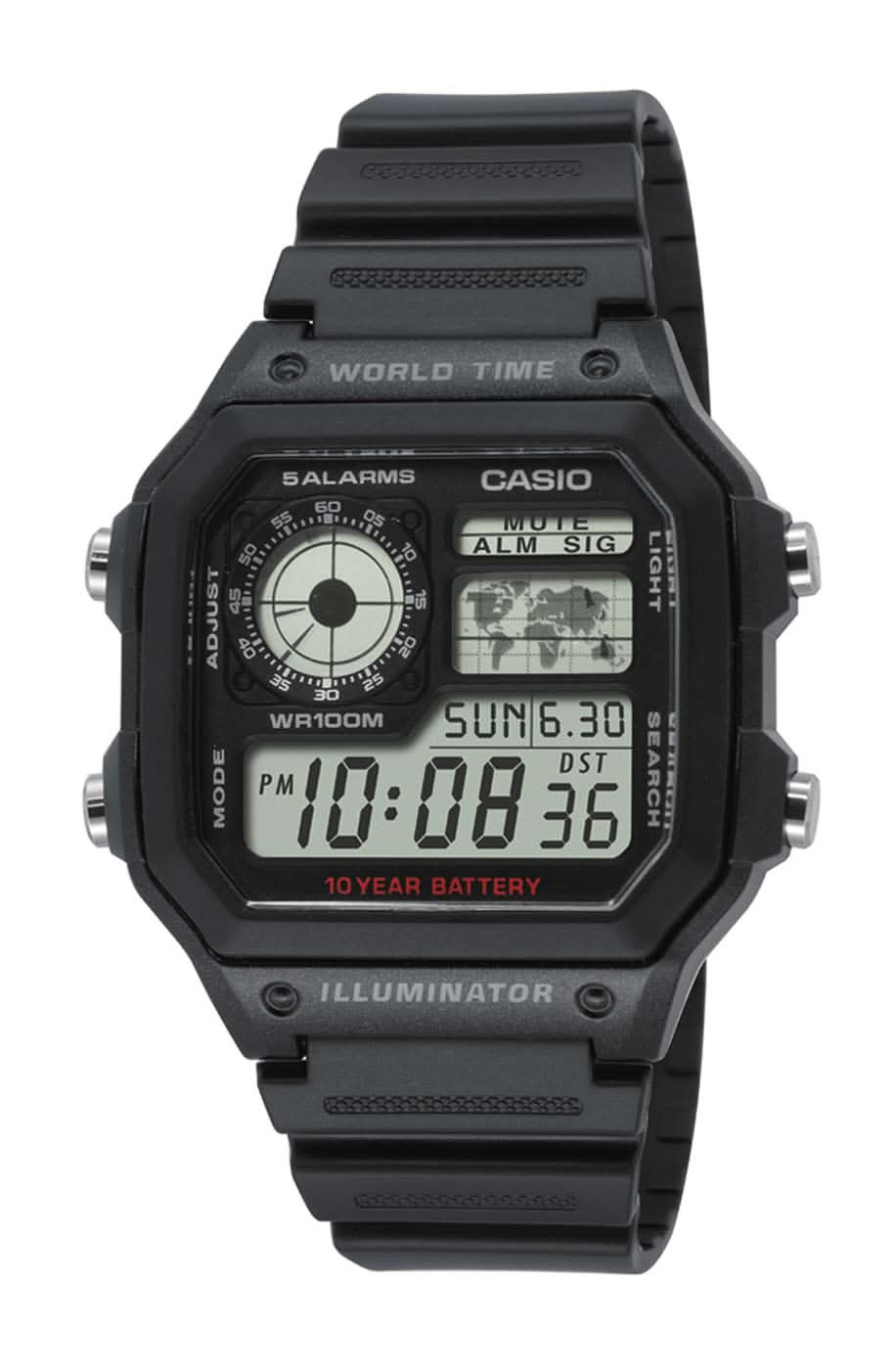 Montre numérique noire pour homme avec écran LCD, boutons et bracelet en plastique