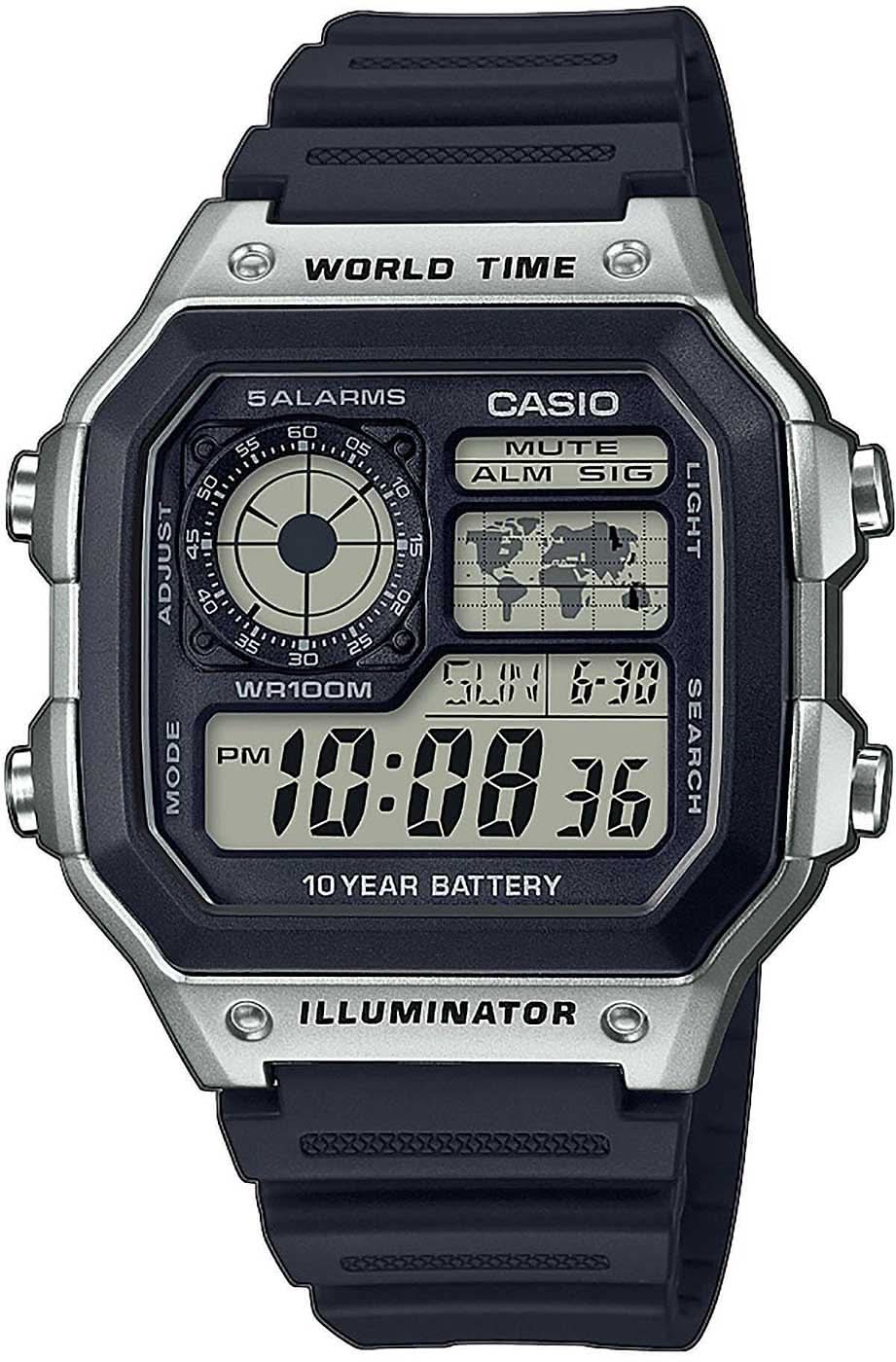 Montre Casio pour homme avec bracelet foncé, boîtier argenté et affichage numérique de l'heure mondiale