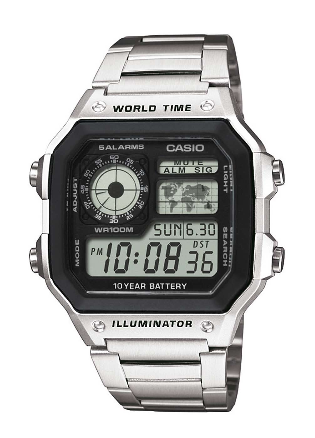 Montre numérique homme avec cadran noir et bracelet acier inoxydable argenté, Casio