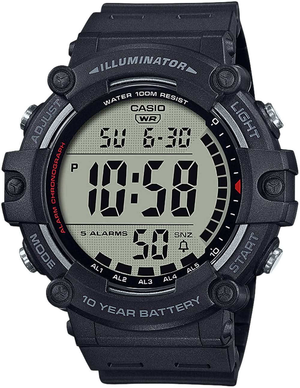 Montre homme avec cadran numérique, boîtier noir et bracelet en caoutchouc noir