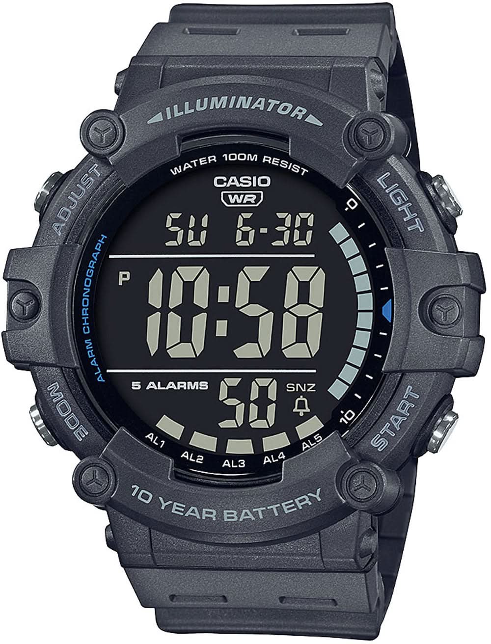 Montre numérique homme avec bracelet en plastique noir et cadran rond, affichage grands chiffres