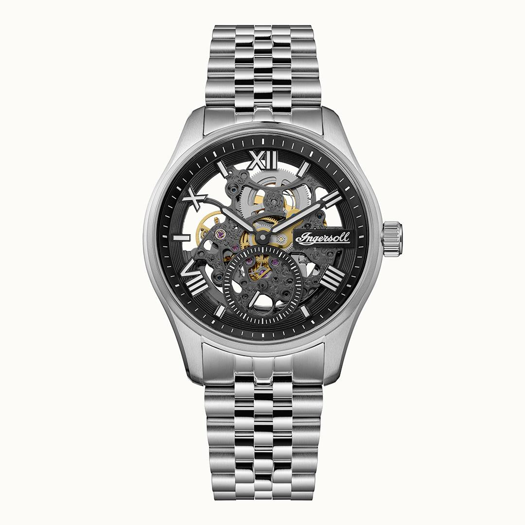 Herrenuhr mit silbernem Edelstahlband und Skelettzifferblatt, Automatikwerk sichtbar