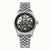 Herrenuhr mit silbernem Edelstahlband und Skelettzifferblatt, Automatikwerk sichtbar