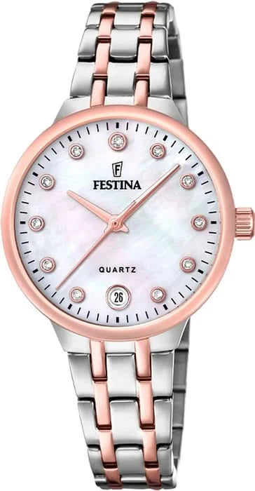 Montre pour femme avec cadran en nacre et bracelet métallique bicolore (argent/or rose)