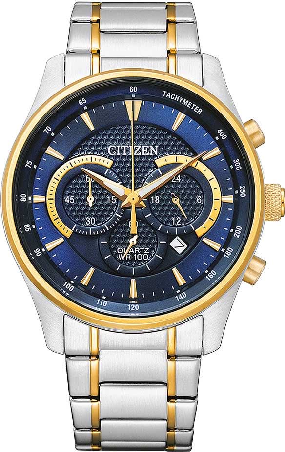 Montre bracelet bicolore pour homme avec chronographe, cadran bleu et bracelet en métal