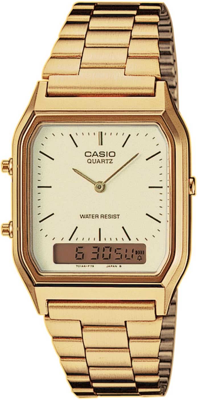 Montre Casio Vintage avec bracelet en métal doré, affichage analogique et numérique.